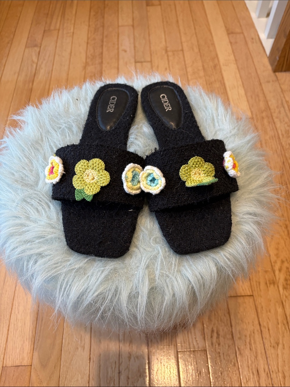 Cider Black Knit Slide Sandals with Yellow & Green Crochet Flowers